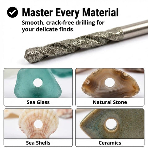 Close-up of 24 Piece Diamond Drill Bit Set With Collets For Glass Sea Glass Stone And Shells Jewelry Making Kit showcasing holes in materials.