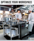 Pro Grade Heavy Duty Stainless Steel Prep Table 24 By 36 Inches With Undershelf And Backsplash NSF Certified Food Safe Commercial Kitchen Work Station For Restaurant Kitchen Or Garage, shown in use in a professional kitchen setting with chefs preparing food.
