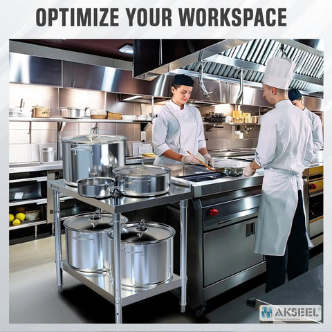 Pro Grade Heavy Duty Stainless Steel Prep Table 24 By 36 Inches With Undershelf And Backsplash NSF Certified Food Safe Commercial Kitchen Work Station For Restaurant Kitchen Or Garage, shown in use in a professional kitchen setting with chefs preparing food.