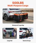 Foldable Hitch Carrier 60x24x6 Inch With 500lb Capacity on SUV showing waterproof bag, cargo net, and bike storage