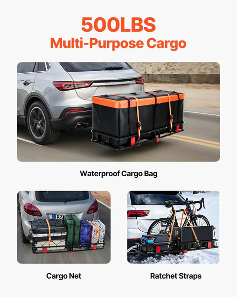Foldable Hitch Carrier 60x24x6 Inch With 500lb Capacity on SUV showing waterproof bag, cargo net, and bike storage
