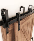 Installed Double Track Bypass Sliding Barn Door Hardware Kit For Two Doors With J Shape Hangers Low Ceiling Friendly No Fuss Install