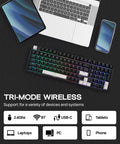 Tri Mode Wireless Mechanical Keyboard Pumping Out Power From A Massive Eight Thousand Mah Battery And Delivering Butter Smooth Typing For Weekend Warriors And Tech Junkies on a desktop with devices.