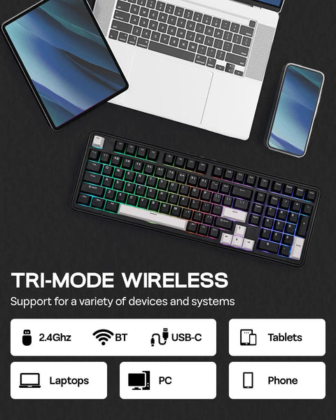 Tri Mode Wireless Mechanical Keyboard Pumping Out Power From A Massive Eight Thousand Mah Battery And Delivering Butter Smooth Typing For Weekend Warriors And Tech Junkies on a desktop with devices.