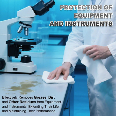 Top Shelf Polyester Microfiber Cleanroom Wipes 9X9 Inches 120 Gsm Class 100 Dead Soft Lint Free used to clean microscope and lab surfaces.