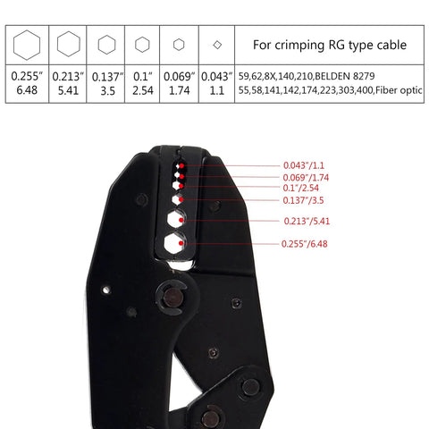 Heavy Duty Ratchet Crimp Tool for BNC Coax Connector Crimp Kit With RG58 RG59 10 Pack shown with crimp die sizes and cable types