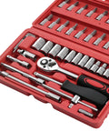 One Quarter Drive 46 Piece Carbon Steel Ratchet Socket Set Wrench Tool Kit Bits For Home Garage And DIY Car Repairs in red case