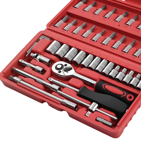 One Quarter Drive 46 Piece Carbon Steel Ratchet Socket Set Wrench Tool Kit Bits For Home Garage And DIY Car Repairs in red case