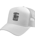 Funny Forklift Operator Warehouse Humor Trucker Hat With Adjustable Mesh Back White Cap For Forklift Drivers And Logistics Pros Breathable One Size Fits Most Great Gift For Warehouse Crew, front view with forklift certified graphic.