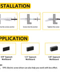 Installation steps for 60Pcs Self Drilling Drywall Anchors And 8 Screws Heavy Duty Wall Anchors For Drywall Holds Up To 75 Lb No Pre Drill Hole Required, showing drive, screw, and tighten instructions.