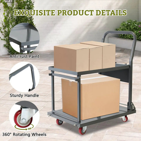 Heavy Duty Foldable Push Cart Dolly With Wheels 800 Lbs Load Capacity Two Tier Platform Truck For Garage Warehouse And Workshop Durable Steel Frame Foldable Design For Easy Storage, two-tier steel cart with boxes