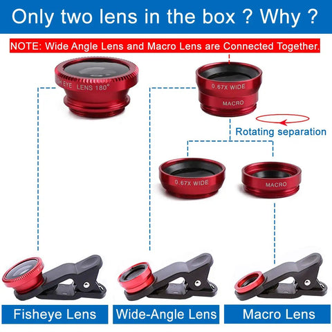 3 In 1 Universal Fish Eye Lens Macro Clip Lens Wide Angle Kit For iPhone Android iPad And Most Smartphones Grab And Go Pro Grade Optical Glass Durable Aluminum Build Red showing fisheye, wide, and macro lens assembly with clip.
