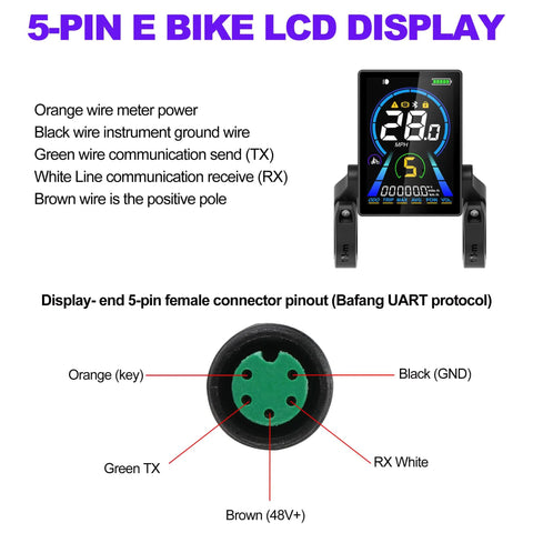 Big Screen E Bike LCD Display With Bluetooth App Control For Bafang UART Mid And Hub Motors So You Can Plug In And Go 36V 48V 52V Compatible Separate Keypad 5 Pin M5 Connector UART Protocol