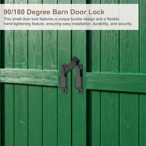 Durable 90 180 Degree Barn Door Lock Latch Kit With Screws And Glue installed on green wooden doors for secure privacy.