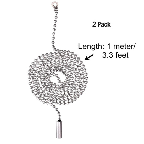 2 Pack Steel Beaded Ball Pull String Extension Chain With Connectors For Ceiling Fan Light Fixture And Bulb Switch Extender 1 Meter Length Plug And Play coiled on white background