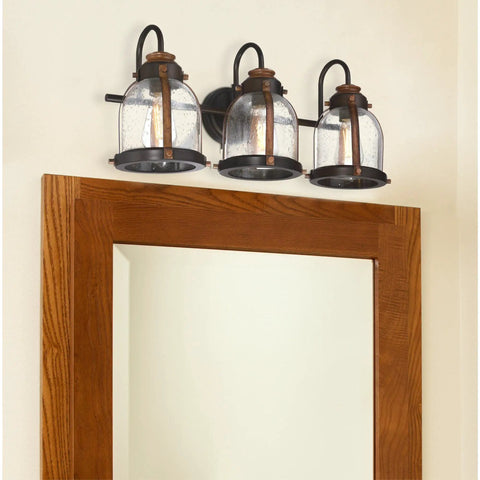 Vintage Style Three Light Indoor Vanity Light Fixture In Oil Rubbed Bronze With Barnwood Accents And Hand Blown Clear Seeded Glass