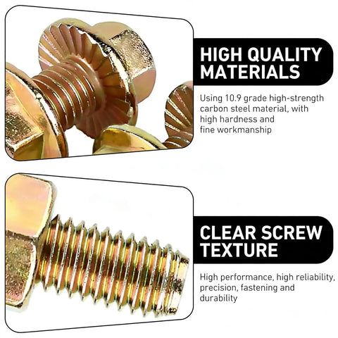 Close-up view of Bulletproof Exhaust Manifold Bolt Kit Built Tough With Grade Eight Carbon Steel Hex Flange Nuts and Screws.