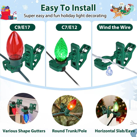100Pcs Self Locking Heavy Duty Christmas Light Clips For C7 C9 Mini Lights Fits E12 And E17 Bases Easy Install For Gutter