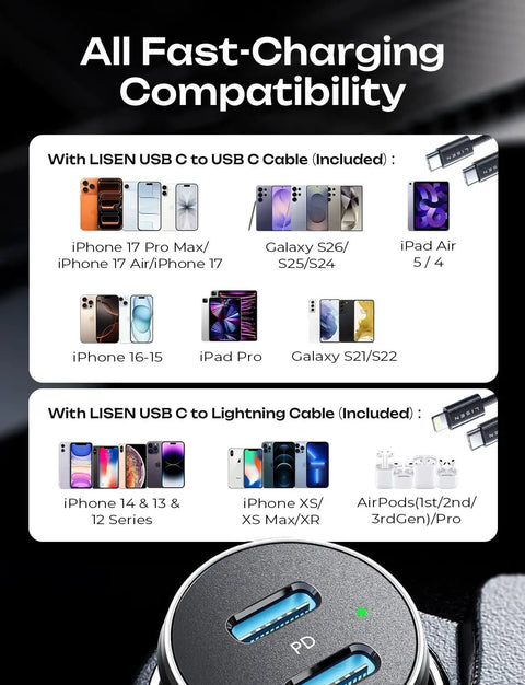 Charging compatibility chart for 90W Dual PD3.0 Car Charger With USB-C And Lightning Cable Included, Fast Charge Dual Port USB-C Car Charger For iPhone 17 Pro Max 16 15 14 13 12 11 And Samsung S26 S25 S24.