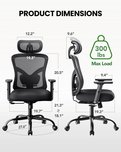 Ergonomic Office Chair With Lumbar Support And 2D Headrest Adjustable Armrests Contoured Seat Cushion Swivel Desk Chair dimensions.