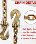 Heavy Duty G80 Transport Binder Chain One Quarter Inch By Sixteen Feet With G70 Clevis Grab Hooks, Three Thousand Three Hundred Pound Safe Working Load, close-up of chain links and hooks