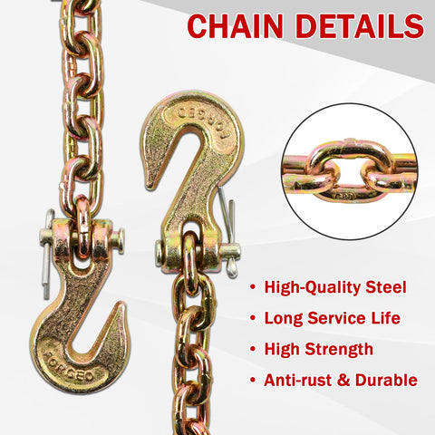 Heavy Duty G80 Transport Binder Chain One Quarter Inch By Sixteen Feet With G70 Clevis Grab Hooks, Three Thousand Three Hundred Pound Safe Working Load, close-up of chain links and hooks