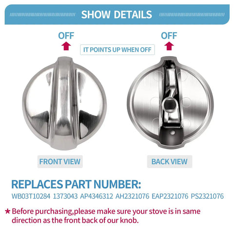 Front and back view of 5 Pack Oven Knobs Replacements For GE Range And Stove WB03T10284 Compatible With 191D5100 1373043