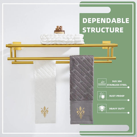 Brushed Dark Gold Stainless Steel Towel Rack With Double Bar Holder For Bathroom Wall Mount SUS 304 Durable Towel Shelf 23 Point 62 Inches