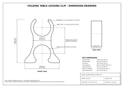 Folding Table Locking Clips Replacement design drawing with detailed dimensions for Straight Up Heavy Duty Folding Table Locking Clips Replacement Six Pack With Dual Socket Design.