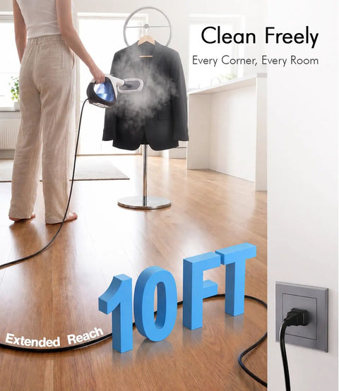 Handheld Steam Cleaner Instant Heat Up 3 Seconds For Homes being used on a suit jacket in a clean home setting.