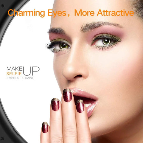 Woman highlighting makeup with Bi-Color Ring Light With LCD Display And Stand, 19-Inch, 55W, Adjustable 3000K To 5800K.