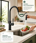 Black Kitchen Faucets with Pull Down Sprayer Kitchen Sink Faucet with Pull Out Sprayer Single Hole Deck Mount demonstrating 18-inch reach.