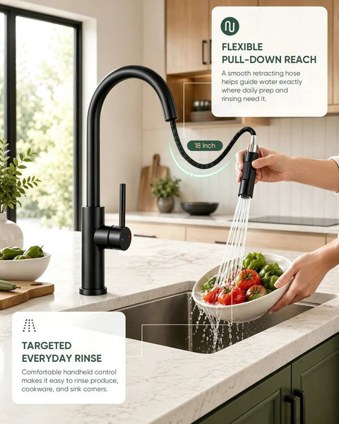 Black Kitchen Faucets with Pull Down Sprayer Kitchen Sink Faucet with Pull Out Sprayer Single Hole Deck Mount demonstrating 18-inch reach.