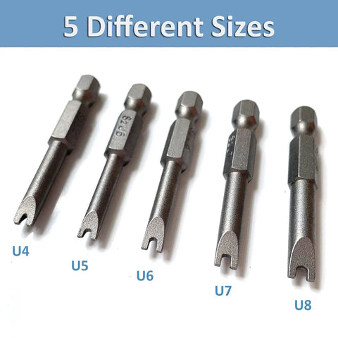 Five U shaped spanner bits in various sizes, part of the Heavy Duty U Shaped Spanner Screwdriver Bit Set, 5 Piece S2 Steel Magnetic Power Drill Kit.