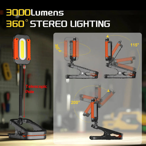 Rechargeable Clamp Work Light With 360 Degree Rotation 3000LM LED Portable Lamp With Magnet Clip Telescopic Stand Hook
