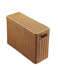 Tall Narrow Rattan Storage Bin With Lid Slick Vertical Woven Organizer for living room shelf and pantry storage.