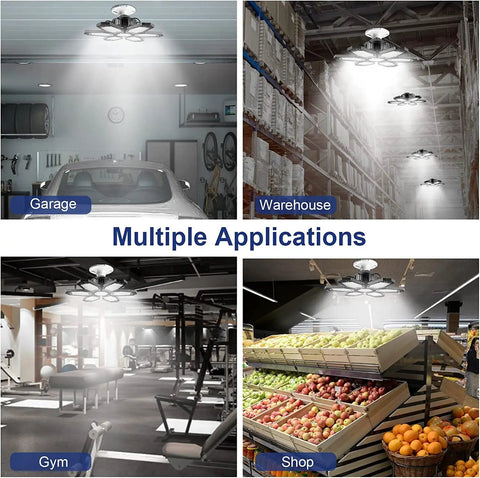 240W LED Garage Light With 6 Plus 1 Deformable Panels, ceiling installation in garage, warehouse, gym, and shop.