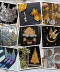 Collage showing creative projects made with Metal Embossing Kit 51 Pcs for DIY Art Projects with Aluminum Foil Sheets 12x12cm.