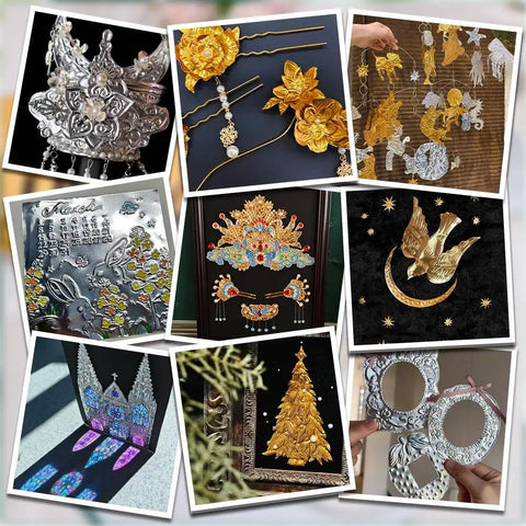Collage showing creative projects made with Metal Embossing Kit 51 Pcs for DIY Art Projects with Aluminum Foil Sheets 12x12cm.