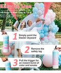 Gender Reveal Powder Blue Cylinder Cannon Squeeze Handle Flips Out With Bright Corn Silk Confetti For Your Next Bash To Absolutely Rock The Room And Go Down As A Legend Among Friends, shown with usage steps