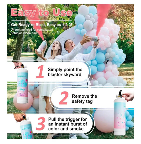 Gender Reveal Powder Blue Cylinder Cannon Squeeze Handle Flips Out With Bright Corn Silk Confetti For Your Next Bash To Absolutely Rock The Room And Go Down As A Legend Among Friends, shown with usage steps