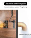 Powerful ventilation system of Enclosed 3D Printer Cabinet With 48 Spool Filament Storage, expels fumes through extendable hose