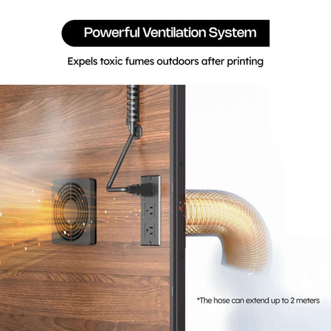 Powerful ventilation system of Enclosed 3D Printer Cabinet With 48 Spool Filament Storage, expels fumes through extendable hose