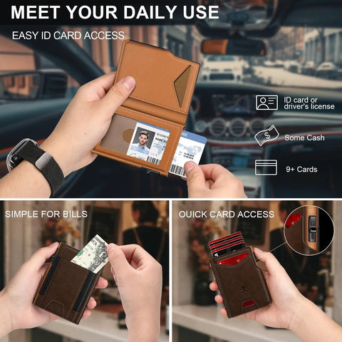 Slim Pop Up Card Holder Wallet For Men With RFID Blocking Aluminum Build No Fuss Quick Eject Card Mechanism in use
