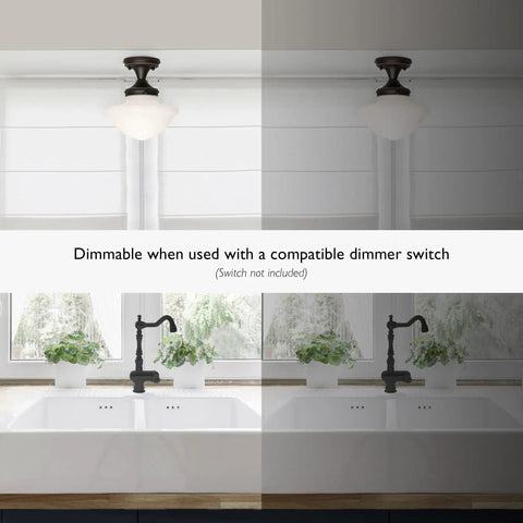 Vintage Schoolhouse Semi Flush Mount Ceiling Light In Oil Rubbed Bronze With White Glass Shade displayed over kitchen sink, dimmable option shown.