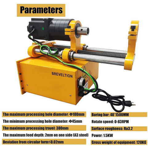 BREVELTION portable hole drilling/line-boring machine in yellow, with black motor and long steel boring bar