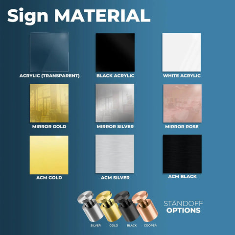 Floating Custom Acrylic Business Sign With Your Logo, Address Plaque material options and standoff colors display