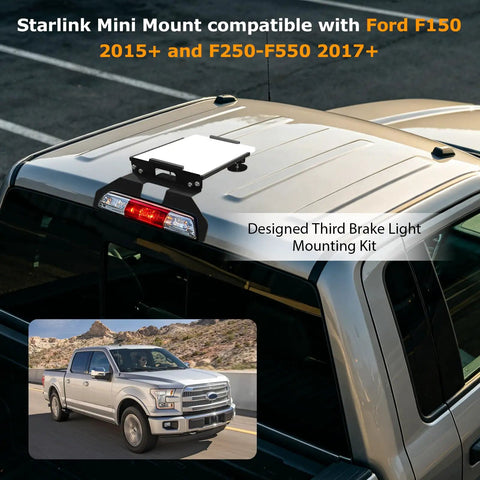 Mini Satellite Internet Mount For Ford F-Series Trucks With Third Brake Light Cab Mount installed on truck roof.