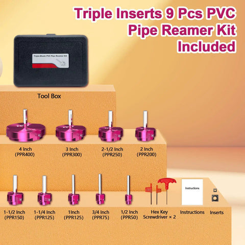 Triple Inserts PVC Pipe Reamer Kit With Fitting Saver 9 Piece Set shown with case and tool sizes from 1/2 to 4 inches.