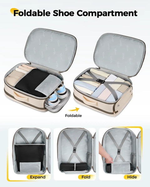 Frontier Friendly Under Seat Personal Item Backpack For Women Waterproof Travel Bag With Luggage Tag And Rain Cover Fits 17.3 Inch Laptops Lightweight TSA Approved Two Piece Set showing foldable shoe compartment open and closed.